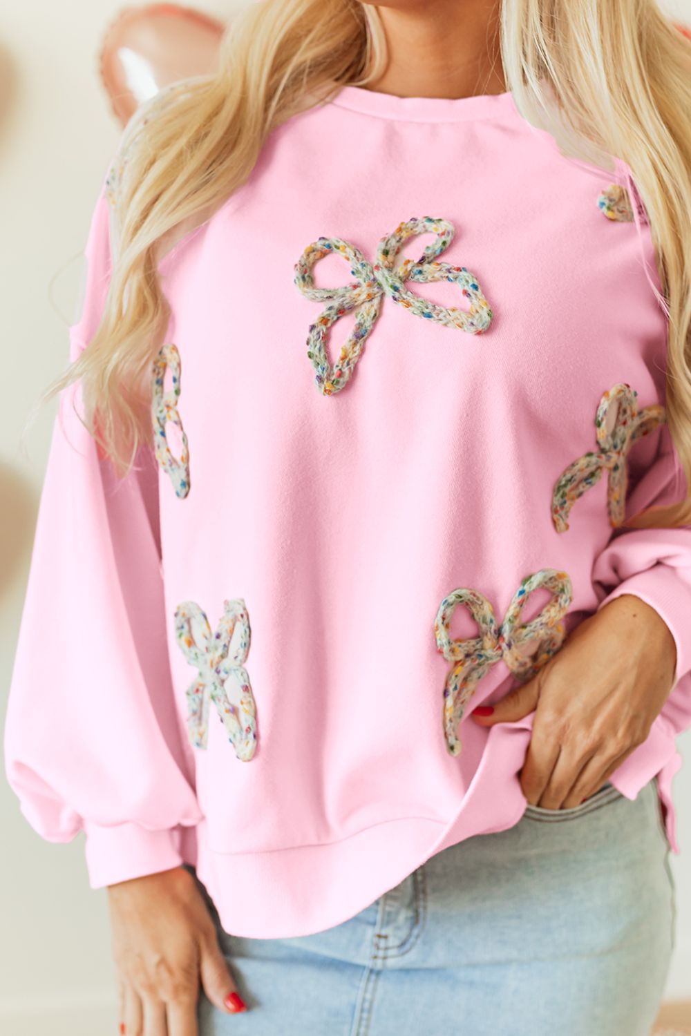 Bow Round Neck Long Sleeve Sweatshirt - Blush Pink, back view on model - Be Juliet