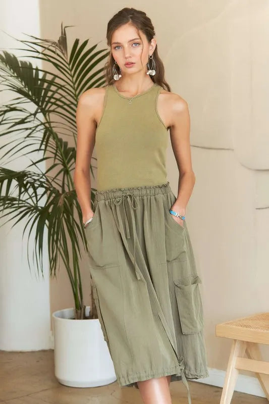 Frankie Washed Drawstring Dress - Lt Olive, back view on model - Be Juliet