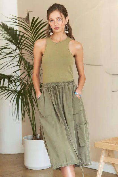 Frankie Washed Drawstring Dress - Lt Olive, back view on model - Be Juliet