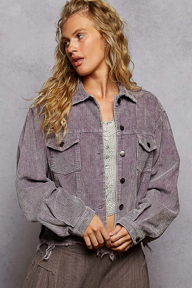 POL Button Down Corduroy Trucker Jacket - Lilac, front view on model - Be Juliet
