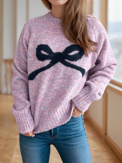 Bow Round Neck Long Sleeve Sweater - Gray, 3/4 angled view on model - Be Juliet