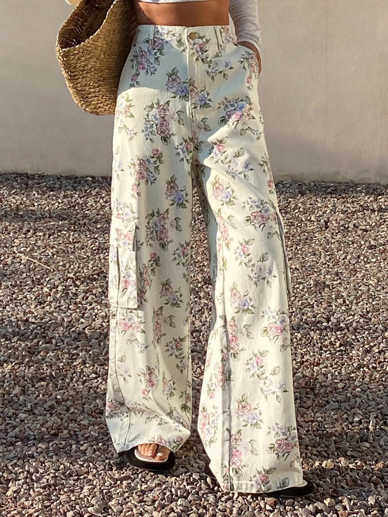 Floral Print Wide-Leg Jeans - Print, front full-length view on model - Be Juliet