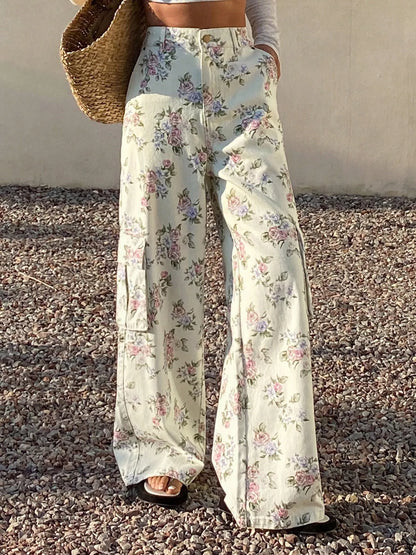 Floral Print Wide-Leg Jeans - Print, front full-length view on model - Be Juliet