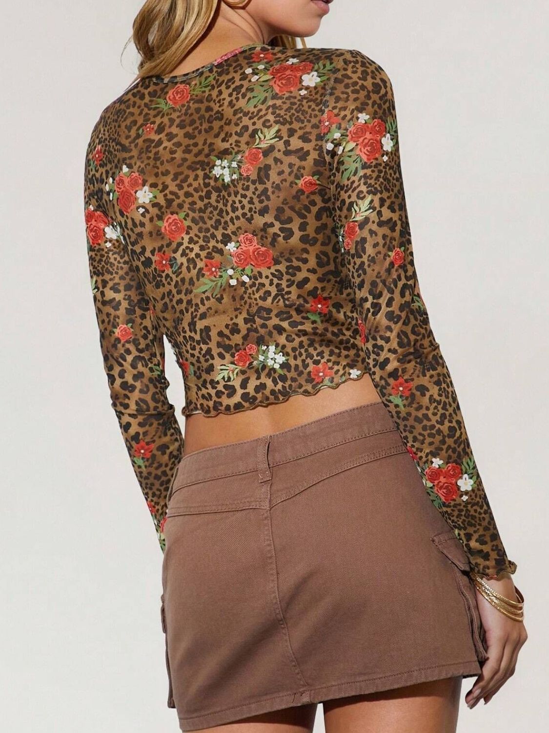 Leopard Floral Round Neck Long Sleeve Mesh T-Shirt - Be Juliet