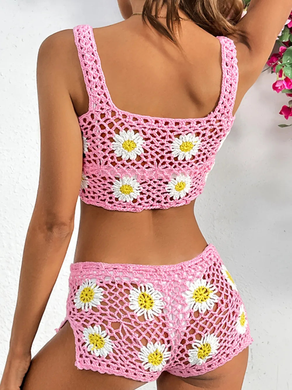 Dahlia Flower Cutout Two-Piece Cover-Up Set - Pink, 3/4 angled view on model - Be Juliet