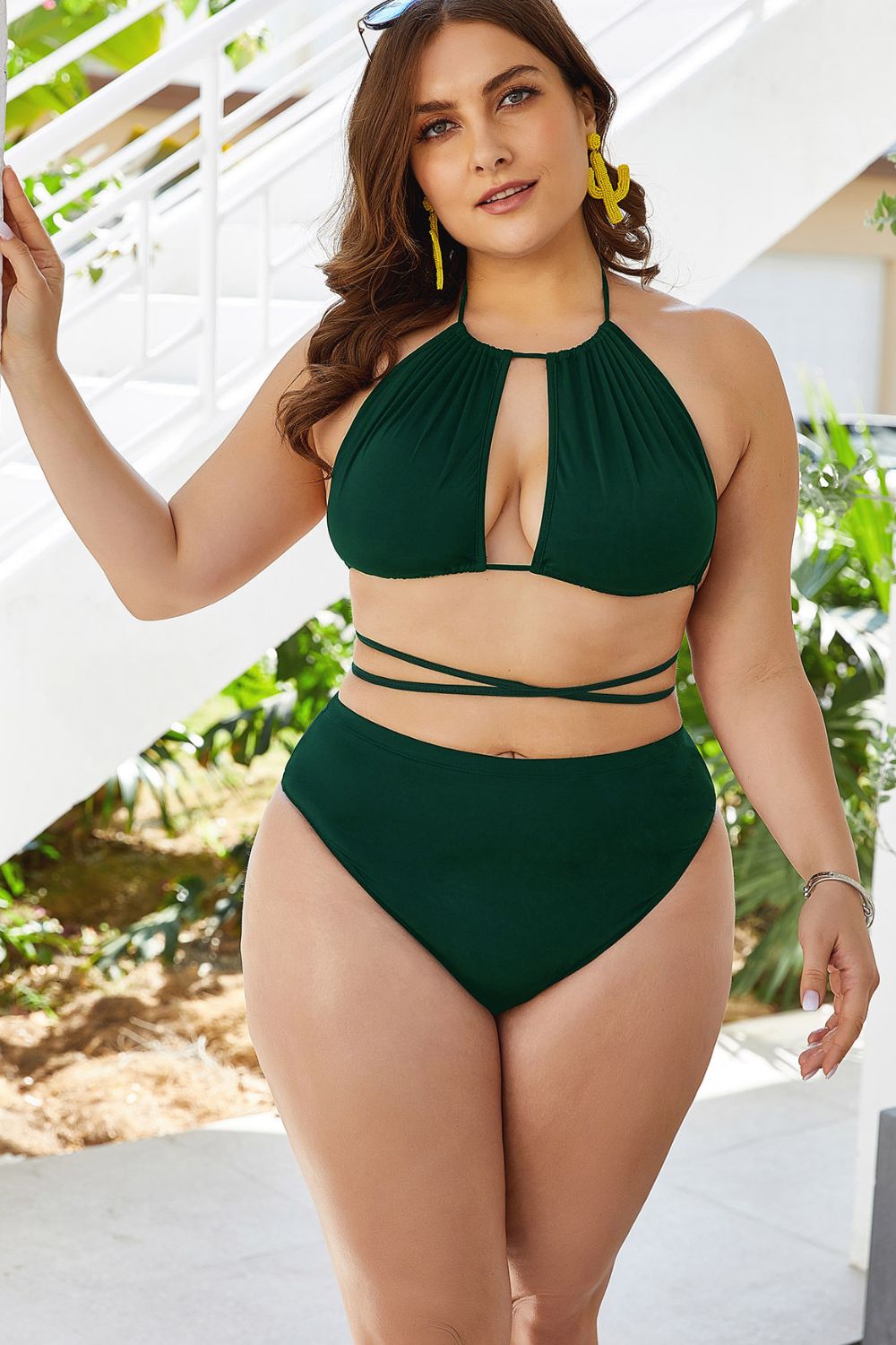 Solène Cutout Backless Bikini Set – Plus Size - Green, back view on model - Be Juliet