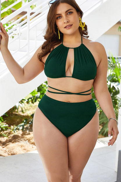 Solène Cutout Backless Bikini Set – Plus Size - Green, back view on model - Be Juliet