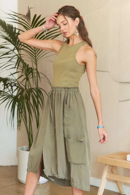 Frankie Washed Drawstring Dress - Lt Olive, 3/4 angled view on model - Be Juliet
