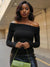 Off-Shoulder Ribbed Knit Top - Black, front view on model - Be Juliet