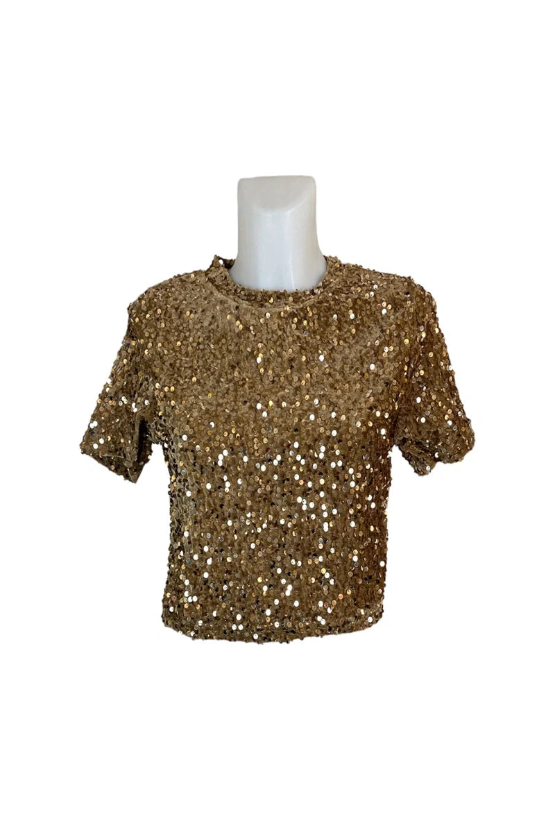 CANDY Sparkling Sequin Crop Top - Bronze, front view on mannequin - Be Juliet