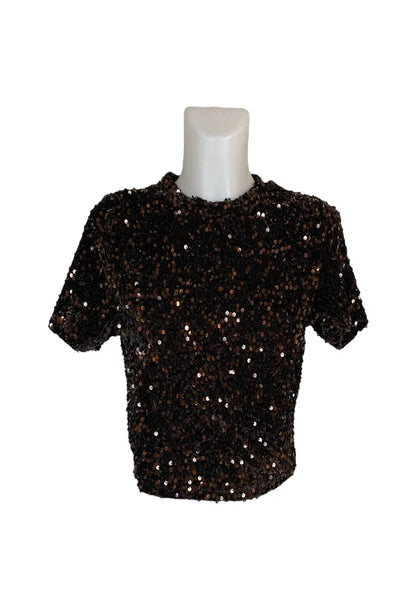 CANDY Sparkling Sequin Crop Top - Dark Brown, front view on mannequin - Be Juliet