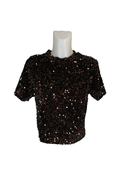 CANDY Sparkling Sequin Crop Top - Dark Brown, angled crop view - Be Juliet