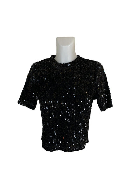 CANDY Sparkling Sequin Crop Top - Black, front view on mannequin - Be Juliet