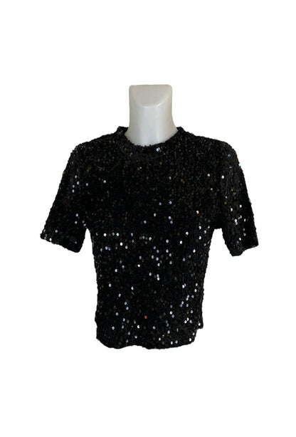 CANDY Sparkling Sequin Crop Top - Black, angled crop view - Be Juliet