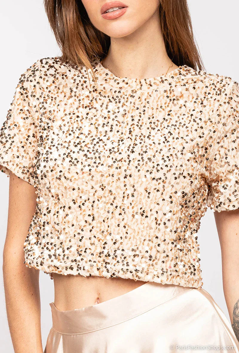 CANDY Sparkling Sequin Crop Top - Gold, close-up sequin texture - Be Juliet