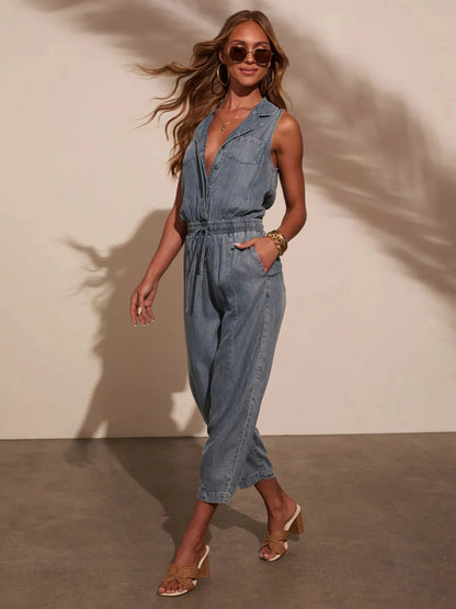 Sleeveless Drawstring Waist Washed Denim Jumpsuit - Be Juliet