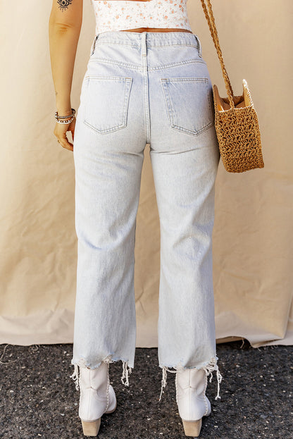 Distressed Raw Hem Jeans with Pockets - Light, lifestyle styled view - Be Juliet