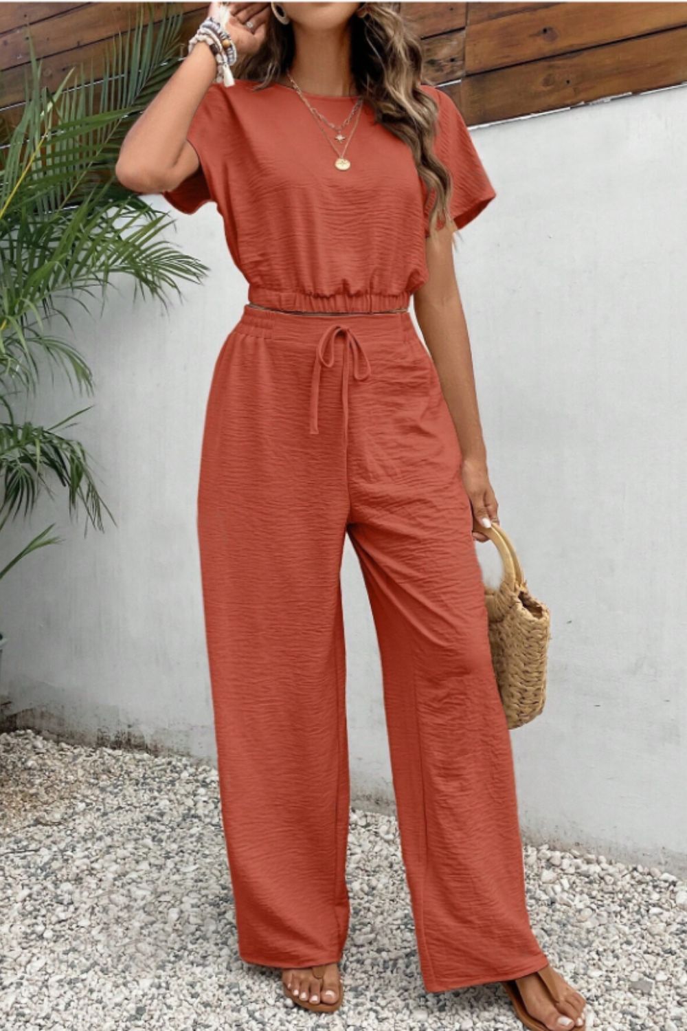 Round Neck Short Sleeve Top and Pants Set - Rust, front view on model - Be Juliet