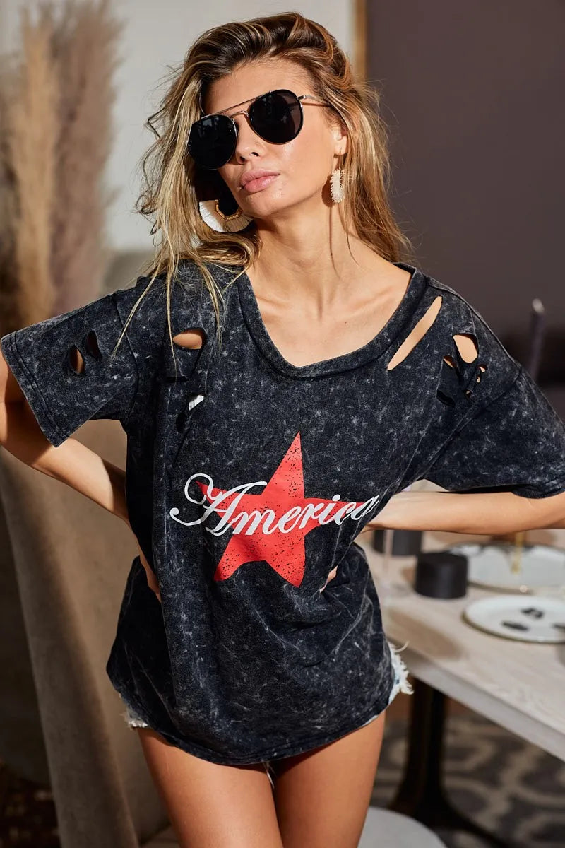 BiBi Laser-Cut Mineral Washed Jersey Tee – Americana Edition - Be Juliet