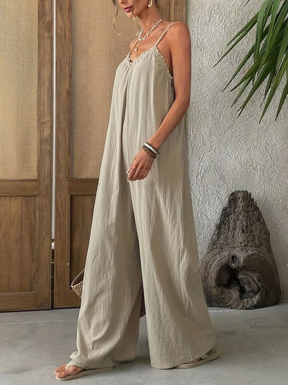 The Odette — Sleeveless Wide Leg Jumpsuit - Khaki, wide-leg drape detail - Be Juliet