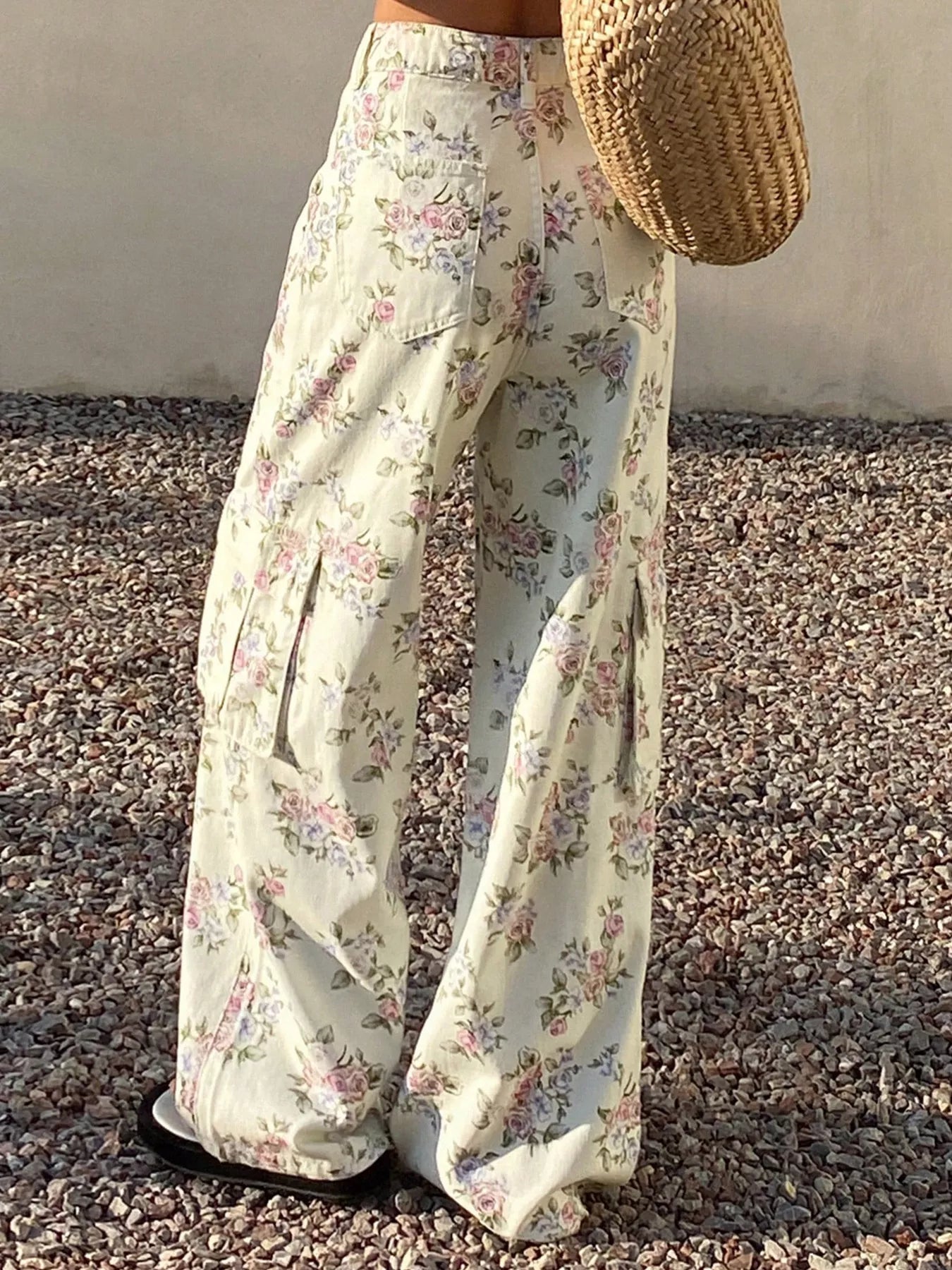 Floral Print Wide-Leg Jeans - Print, side view on model, wide-leg silhouette and hem length - Be Juliet