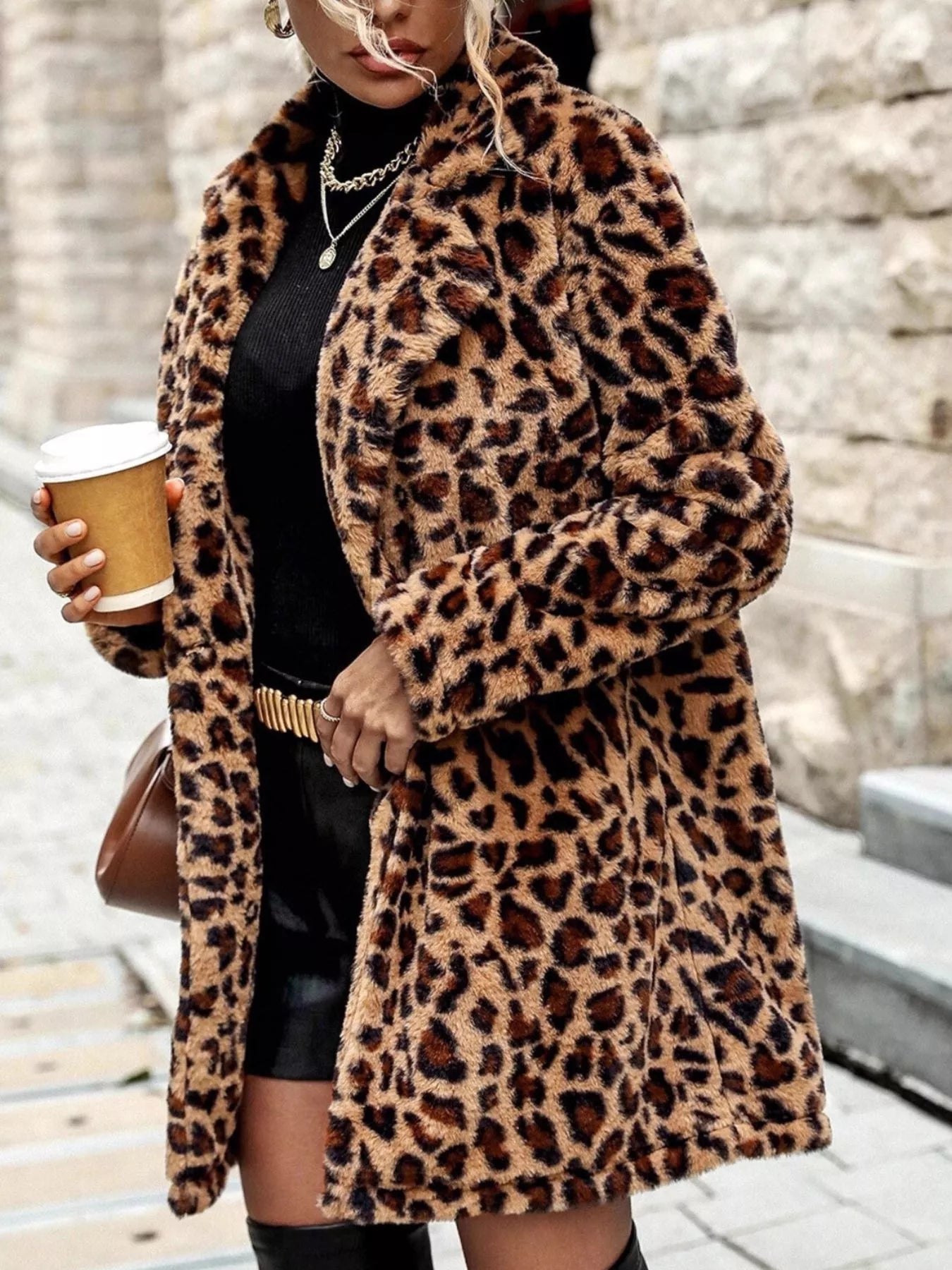 Leopard Print Faux Fur Longline Coat - Be Juliet