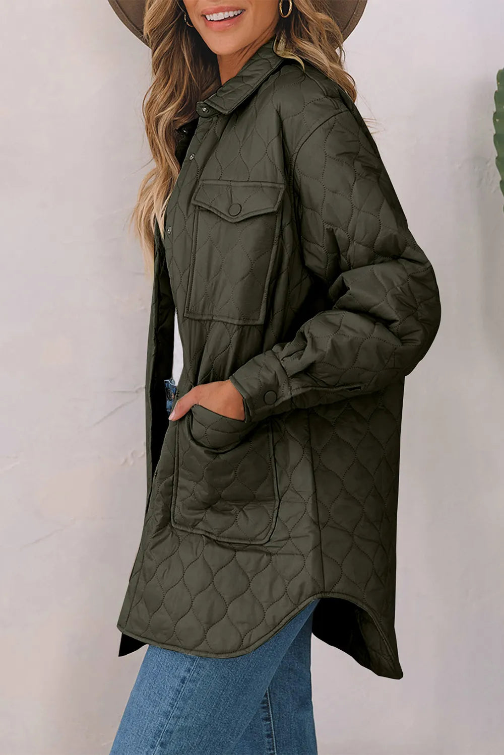 Snap Down Collared Winter Coat - Army Green, side view on model - Be Juliet