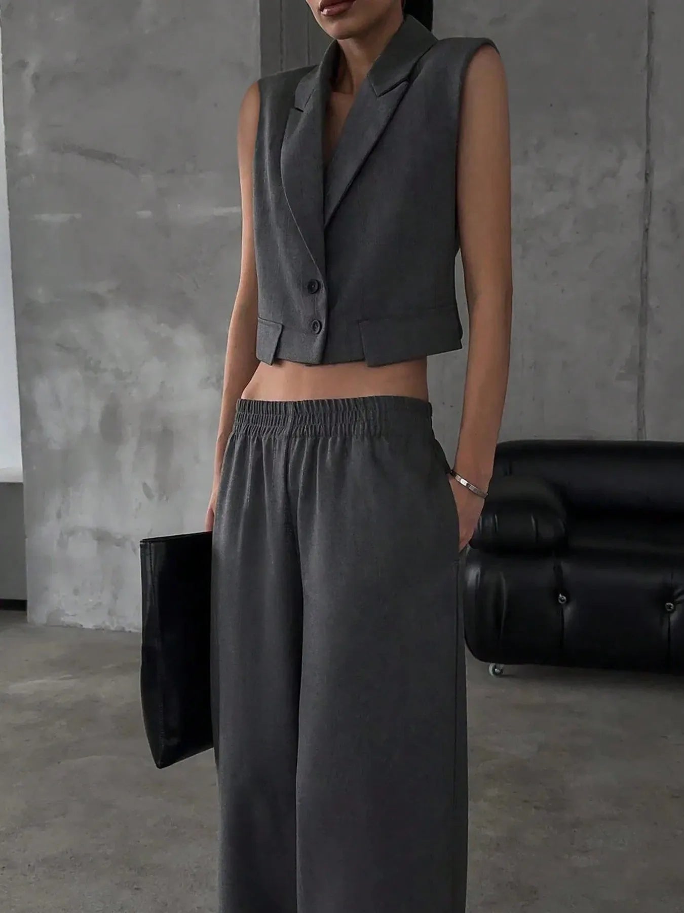 Isla Button-Up Sleeveless Top & Pants Set - Dark Gray, front view on model - Be Juliet