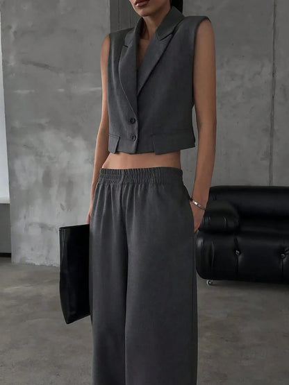 Isla Button-Up Sleeveless Top & Pants Set - Dark Gray, front view on model - Be Juliet