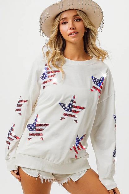 Sequin Star Flag Sweatshirt – Oversized Fit - OFF WHITE, back view on model - Be Juliet