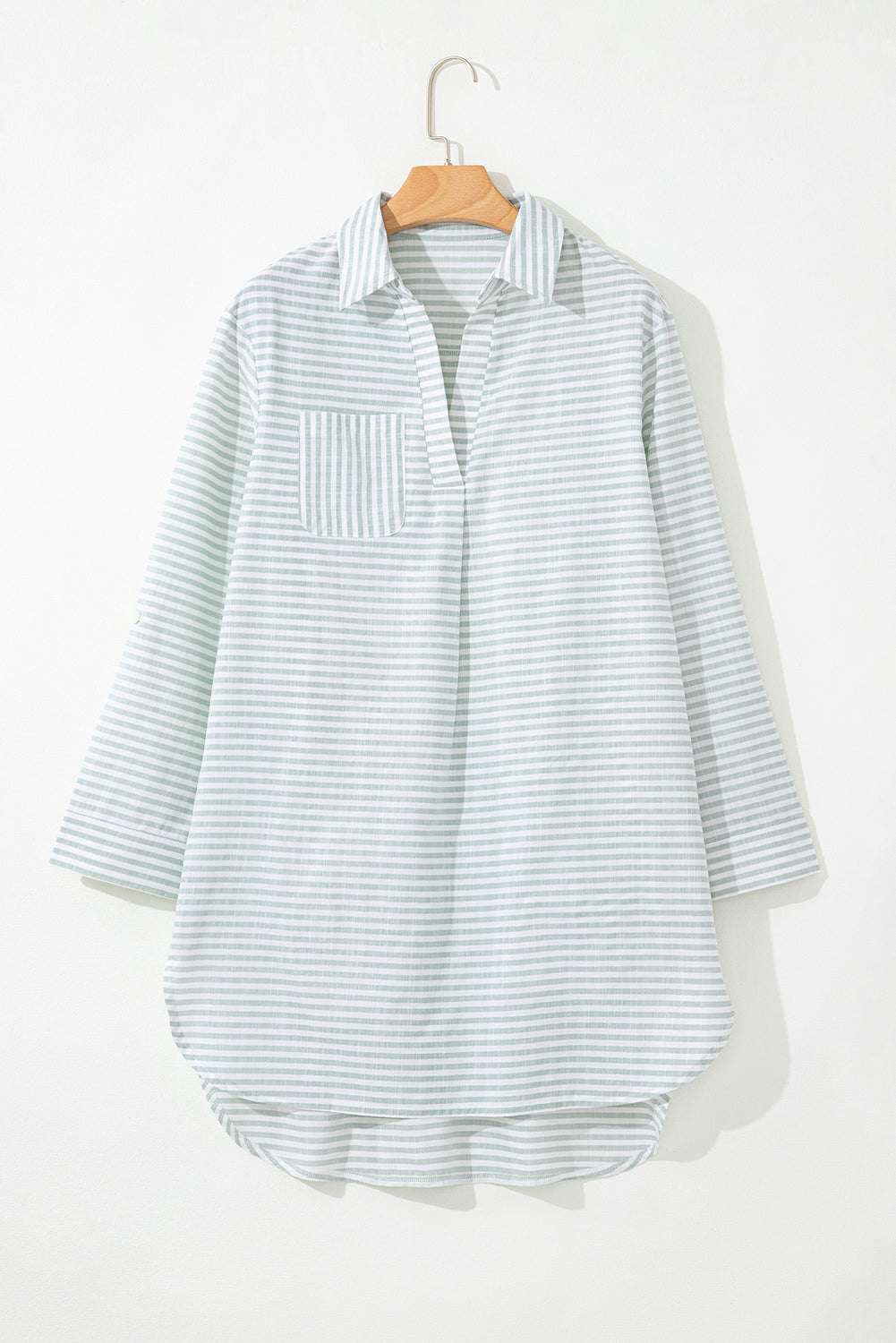Stripe Collared V-Neck Chest Pocket Swim Cover Up - White Stripe, front hanger product shot - Be Juliet