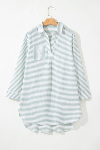 Stripe Collared V-Neck Chest Pocket Swim Cover Up - White Stripe, front hanger product shot - Be Juliet
