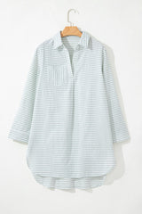 Stripe Collared V-Neck Chest Pocket Swim Cover Up