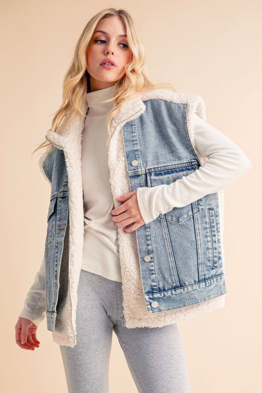 Aemi + CO Denim Patch Sherpa Vest Coat - Be Juliet