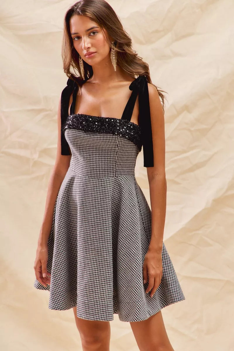 Sophie Houndstooth Tie-Shoulder Mini Dress - Be Juliet