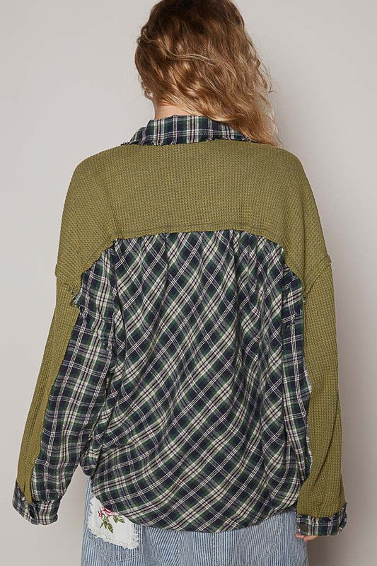 POL Plaid Button Down Shirt with Chest Pockets - Olive, back view on model - Be Juliet