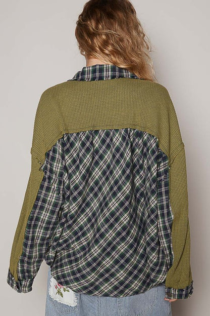 POL Plaid Button Down Shirt with Chest Pockets - Olive, back view on model - Be Juliet