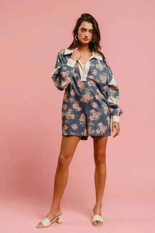 Chantalle Floral Denim Romper – Contrast Collar - Be Juliet
