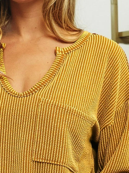 BiBi Wavy Two-Tone Ribbed Pocket Top - MUSTARD, side view on model - Be Juliet