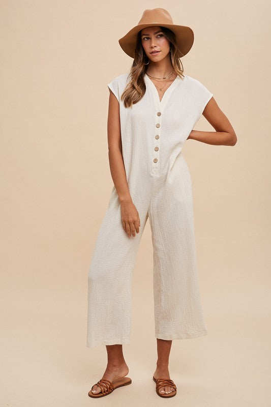 Annie Button-Front Wide Leg Jumpsuit with Pockets