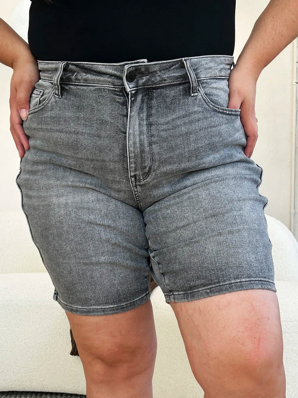 The Noelle Denim Cutoff Shorts - GREY, full-length view on model - Be Juliet