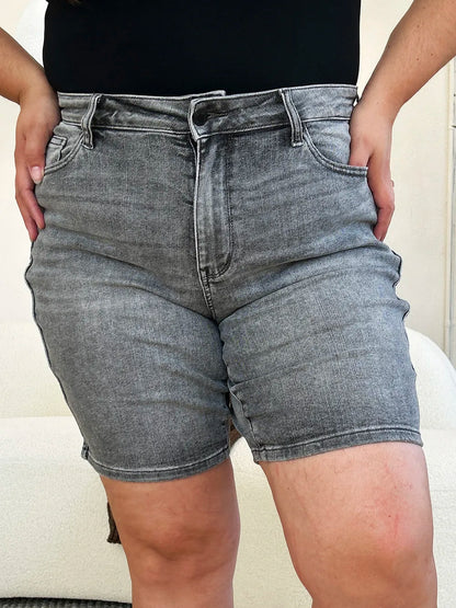 The Noelle Denim Cutoff Shorts - GREY, full-length view on model - Be Juliet