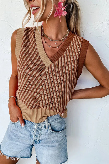 Strawberry Pink Contrast Chevron Knit V Neck Sweater Vest