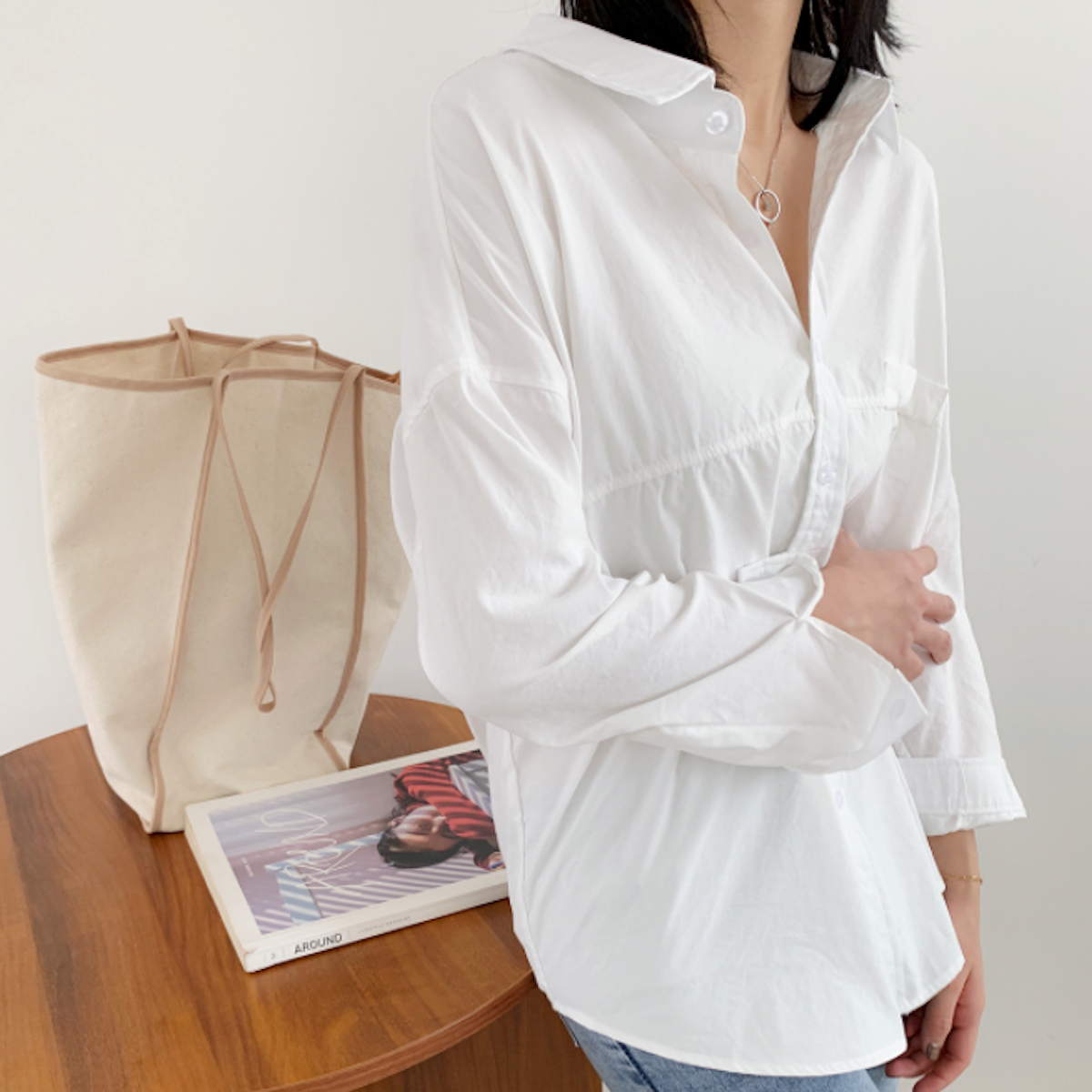 Womens Relaxed Fit Longline Shirt - mid-body front angle on model, shirred waist seam detail - Be Juliet