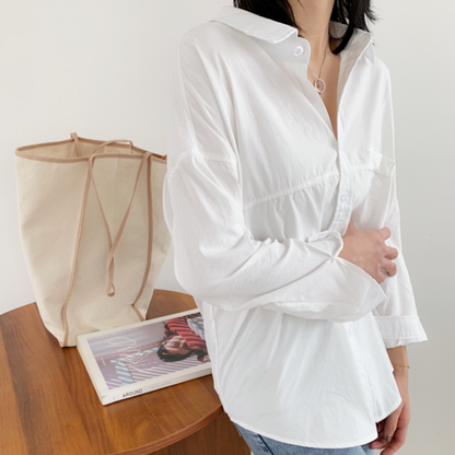 Womens Relaxed Fit Longline Shirt - mid-body front angle on model, shirred waist seam detail - Be Juliet