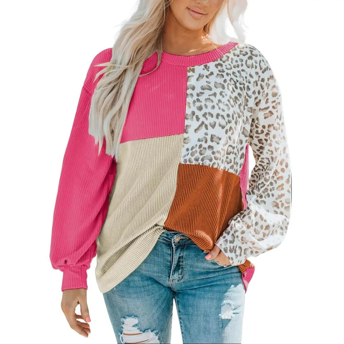 Leopard Patchwork Color Block Ribbed Long Sleeve Top - Be Juliet