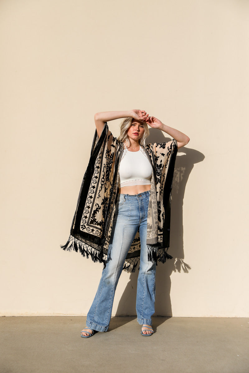 Velvet Mesh Tapestry Kimono - Black, front view on model - Be Juliet