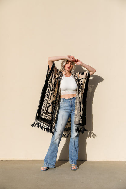 Velvet Mesh Tapestry Kimono - Black, front view on model - Be Juliet