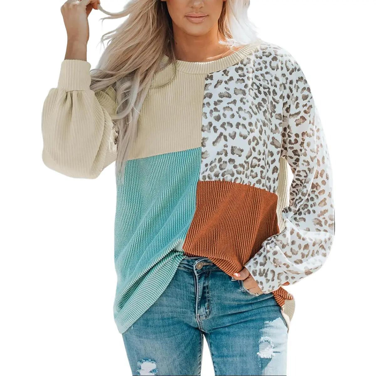 Leopard Patchwork Color Block Ribbed Long Sleeve Top - Be Juliet