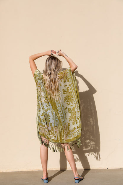 Velvet Mesh Tapestry Kimono - Mustard, front view on model - Be Juliet